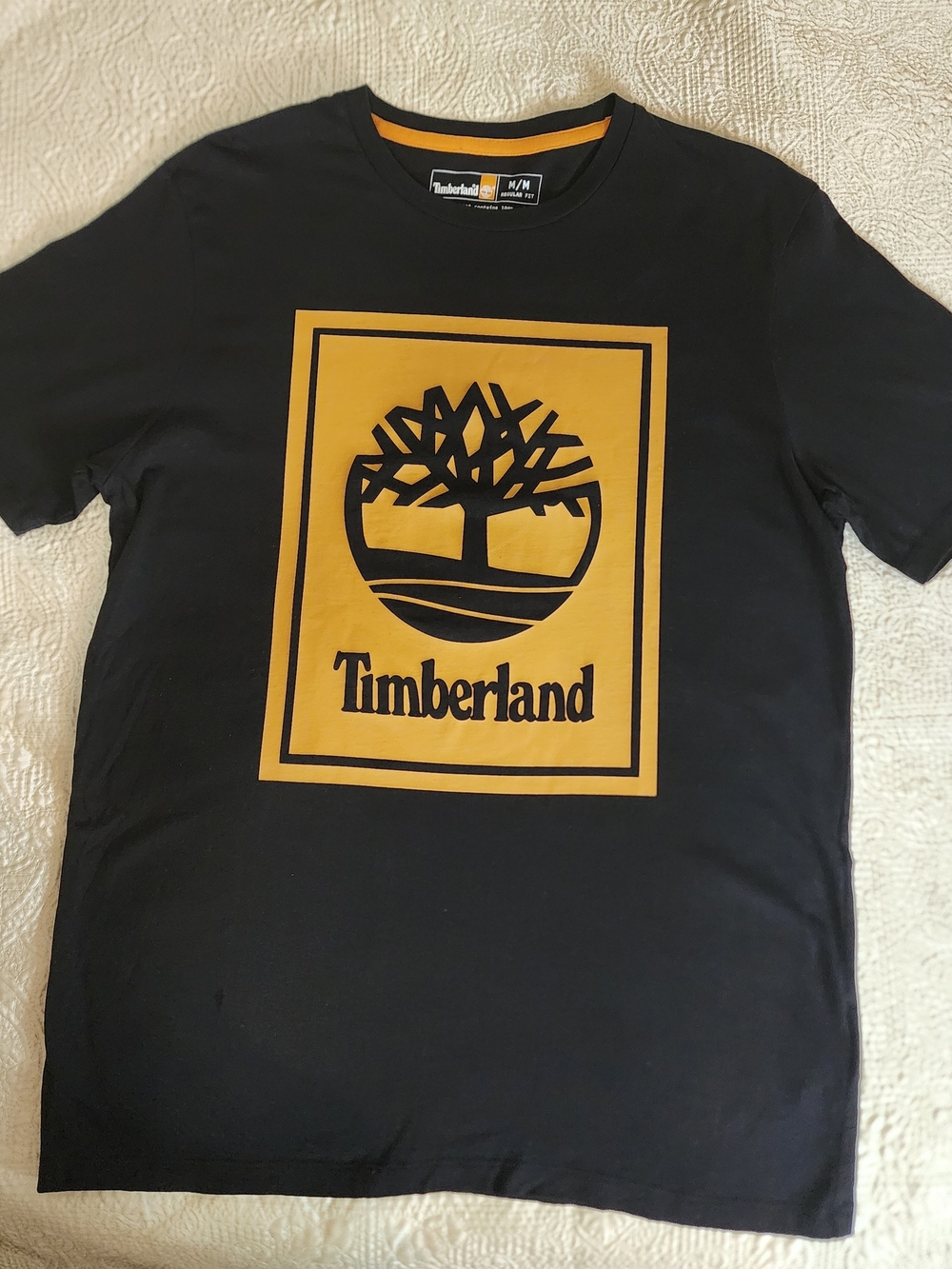 Timberland Black Short-Sleeve Tee with Yellow Logo Panel - US Medium